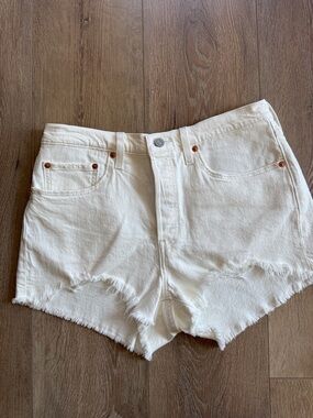 Levi's Cream Denim Cutoff Shorts with Frayed Hem